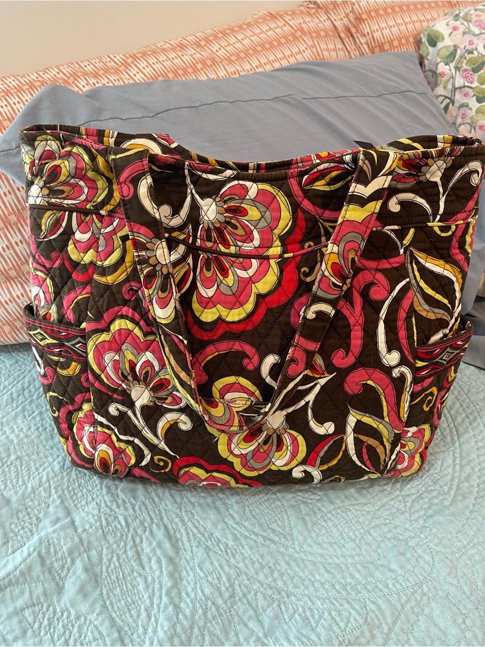 Vera Bradley Quilted Floral Tote in Brown, Pink and Yellow